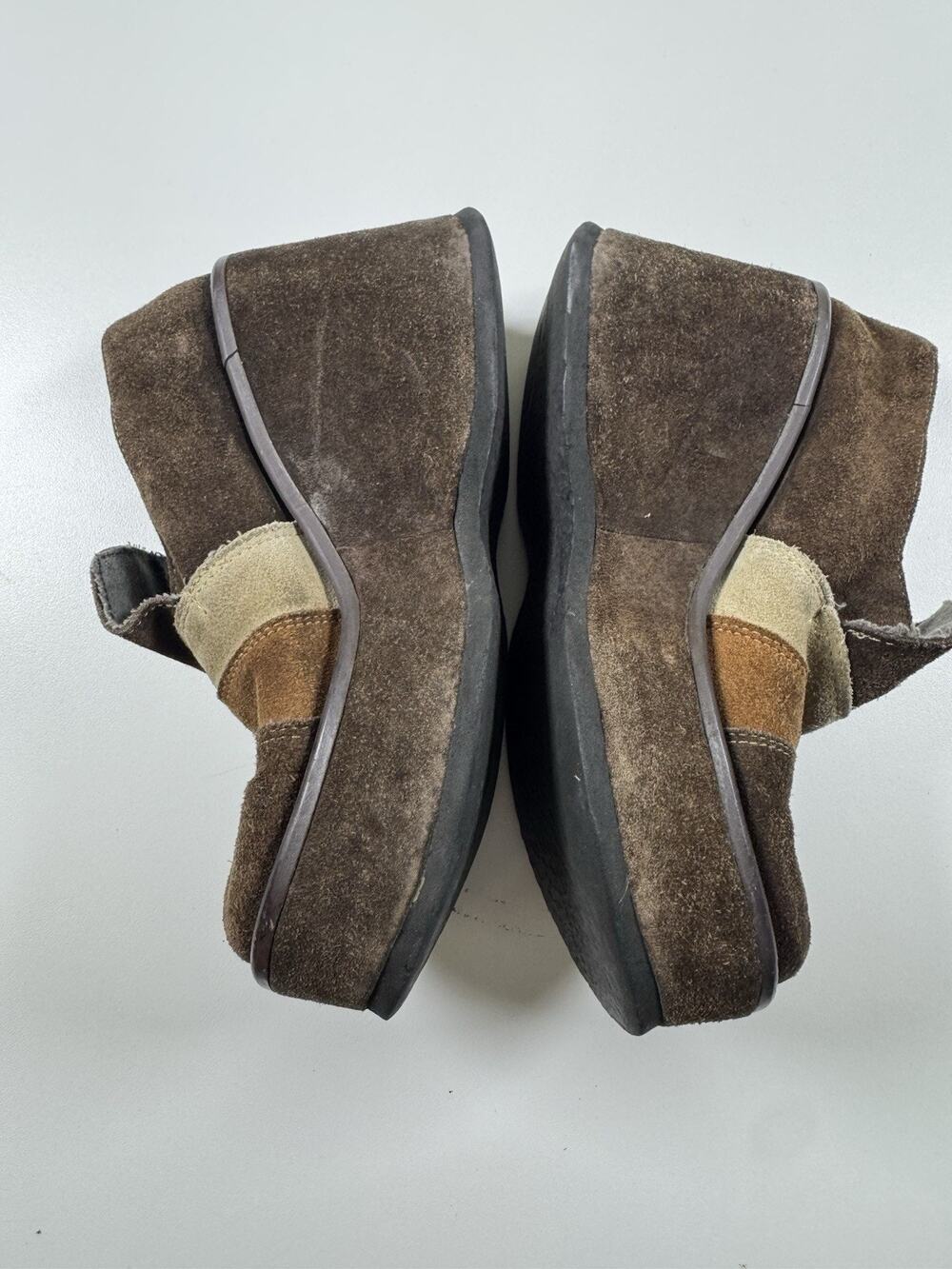 VTG 1999 Leather Women's Brown Suede Colorblock Wedge Flats Hook Loop Strap 7.5
